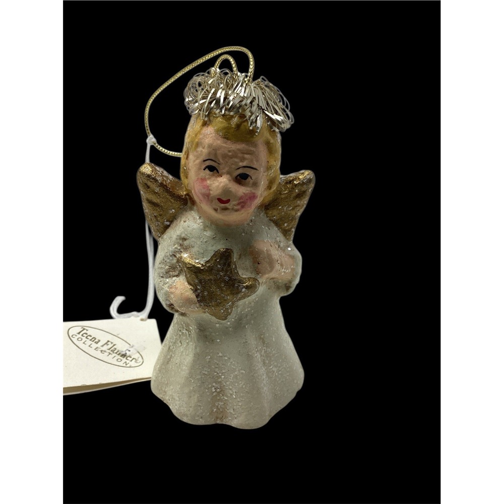 Vtg Teena Flanner Angel Ornament Gold Star Paper Mache Midwest Cannon Falls 3.5"